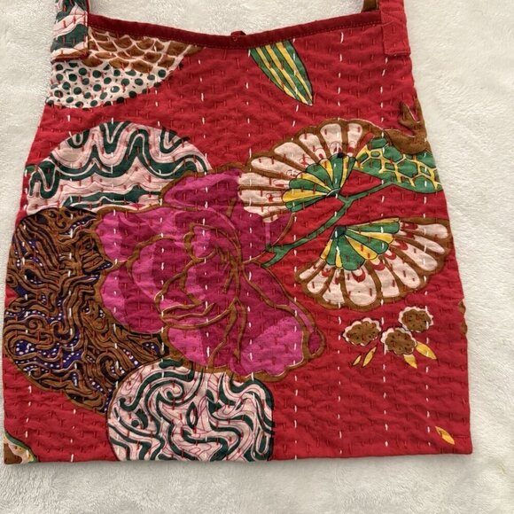Hand Stitched Kantha Hobo Bag Red Floral Tropical Design - Picture 5 of 11